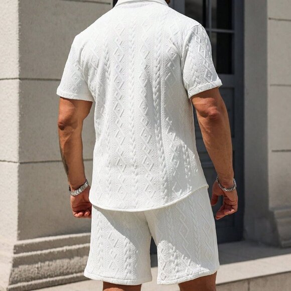 White Casual Men's Summer Solid Textured Shirt And Shorts Set - Picture 3 of 5